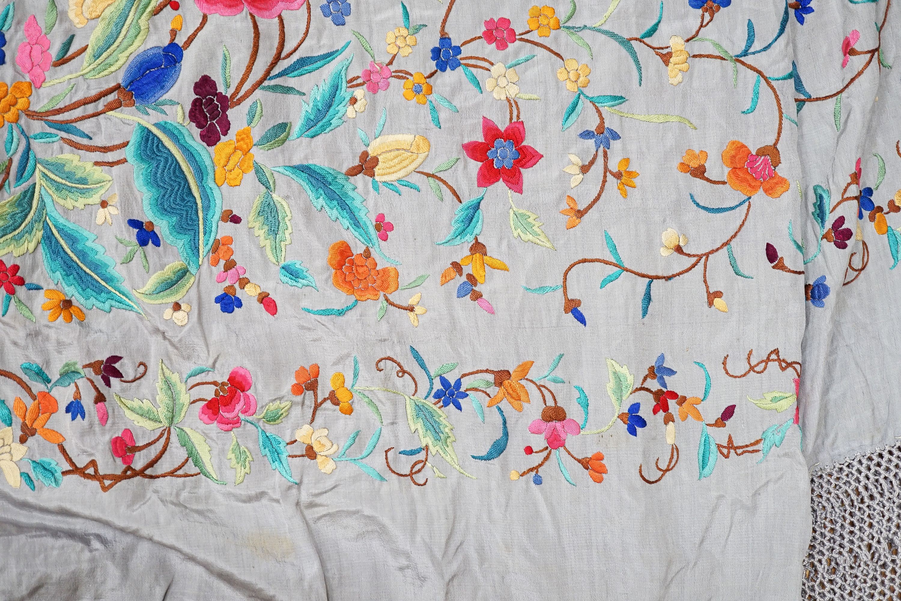 A large 19th century grey embroidered polychrome silk shawl 163x153cm